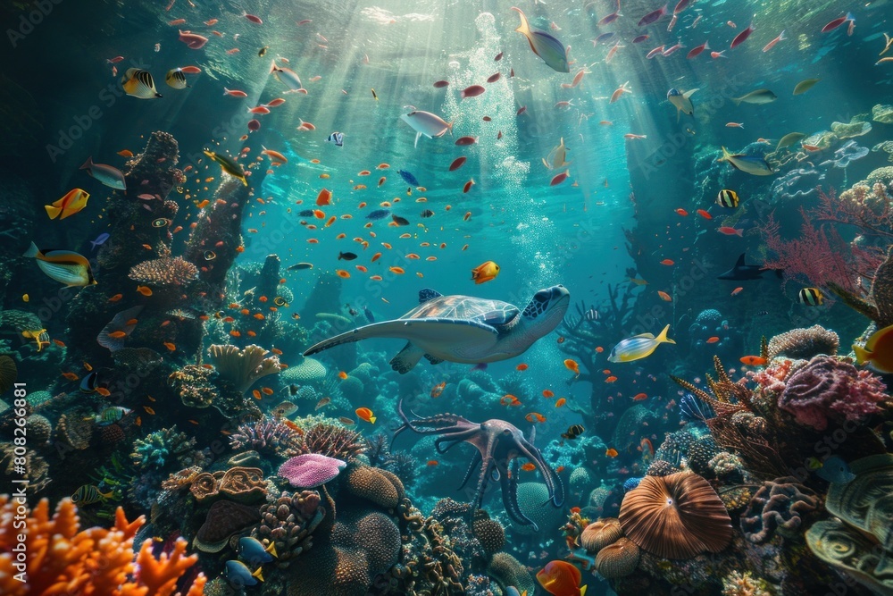Fototapeta premium A diverse coral reef with a sea turtle and vibrant marine life under sunbeams.