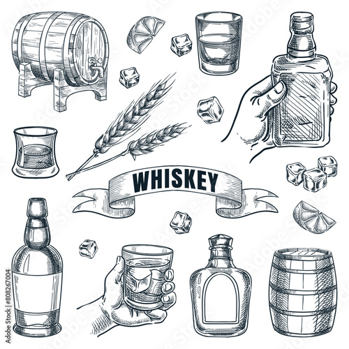 Whiskey bottles, barrels and glasses vector hand drawn sketch illustration. Design elements for pub and bar alcohol drinks menu