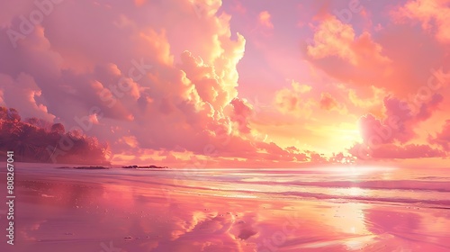 Bask in the serenity of a secluded beach at dawn, where the first light of day paints the sky in hues of pink and gold, casting a warm glow over the tranquil waters below.