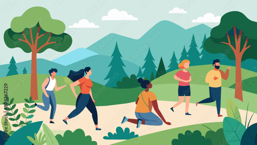 A lowintensity group hike through a scenic forest with occasional breaks for restorative stretching and mindfulness exercises.. A lowintensity group hike through a scenic forest with occasional breaks for restorative stretching and mindfulness exercises..