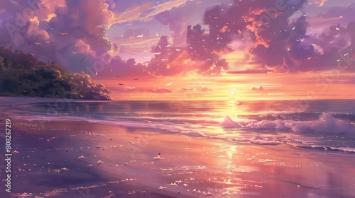 Bask in the serenity of a secluded beach at dawn, where the first light of day paints the sky in hues of pink and gold, casting a warm glow over the tranquil waters below.