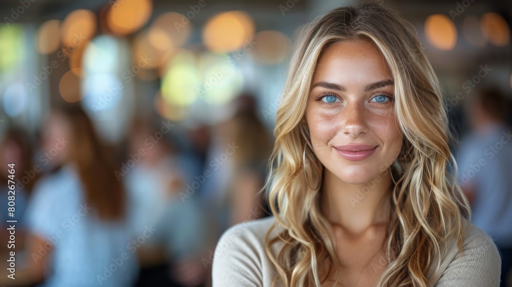 Obraz premium Woman With Long Blonde Hair and Blue Eyes