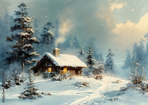 snowy scene cabin woods bench oil toon warm sunlight shining cozy night fireflies home alone frostbite smoky chimney