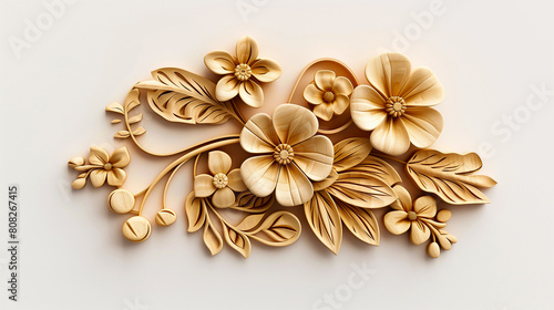 Flowers carved in light wood on a white background, showing all the details. photo