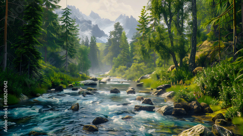 A flowing river among the forest with visible mountains.