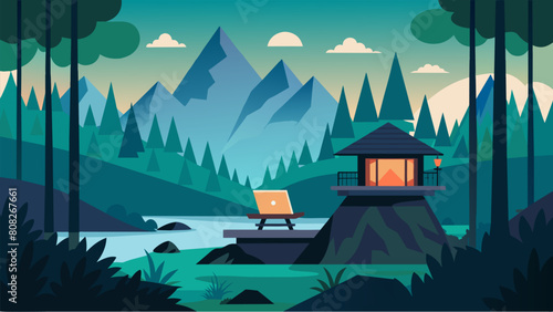 A remote forest retreat designed to disconnect from technology and connect with Stoic principles in the midst of natures tranquility.. Vector illustration