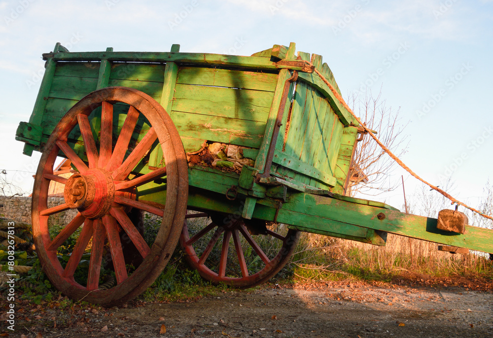 Closeup of an old wooden cart