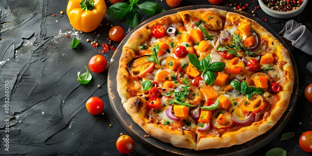 Professional photo of gourmet vegan pizza with plantbased cheese and roasted vegetables. Concept Food Photography, Gourmet Pizza, Vegan Cuisine, Plant-based Cheese, Roasted Vegetables