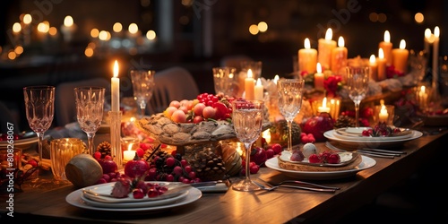 Festive table setting for Christmas and New Year dinner in a restaurant