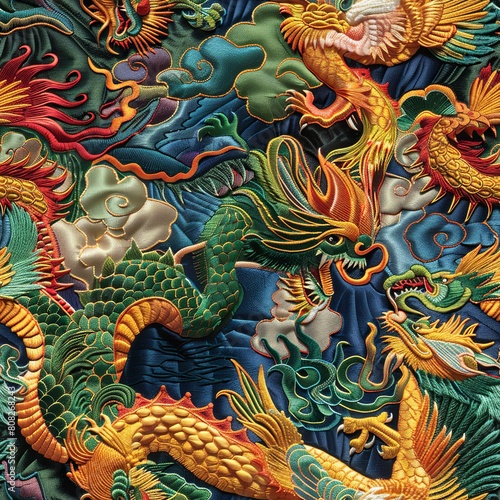 Chinese colorful embroidery, a purple Chinese dragon and a golden Chinese phoenix, with fine knitting, rich details, and ultimate realism  © vardan