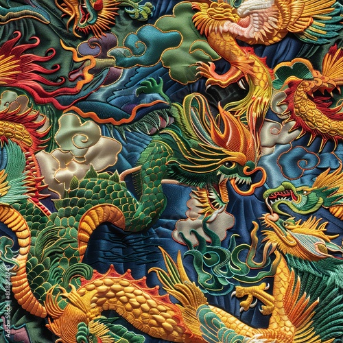Wallpaper Mural Chinese colorful embroidery, a purple Chinese dragon and a golden Chinese phoenix, with fine knitting, rich details, and ultimate realism  Torontodigital.ca