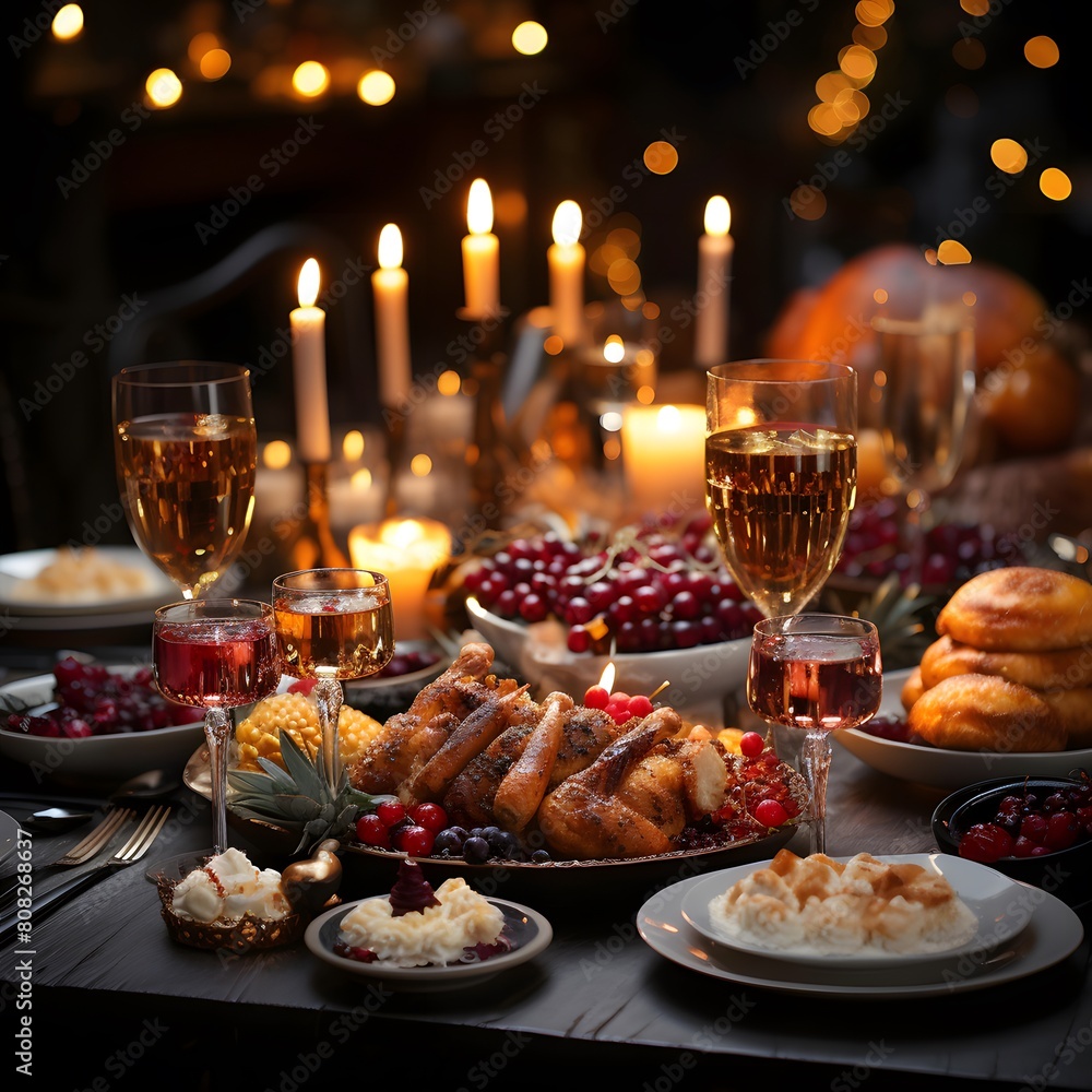 Festive table with a lot of food and wine on it.