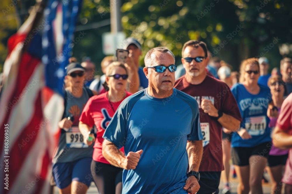 Caucasian middle-aged man running in a marathon with determination on Independence Day. 4th of July, american independence day, happy independence day of america , memorial day concept