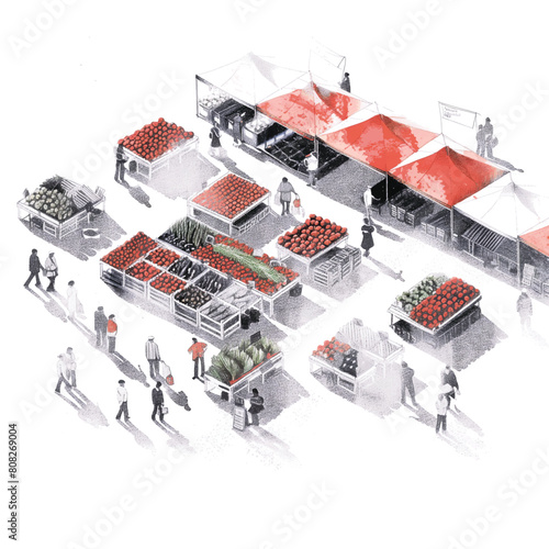 Outdoor Farmers Market Illustration - Detailed illustration depicting a bustling farmers market with various stalls covered by red canopies and customers browsing fresh produce