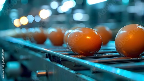 Chicken eggs on conveyor belt at poultry farm during production process. Concept Poultry Farming  Egg Production  Conveyor Belt  Agriculture  Food Processing