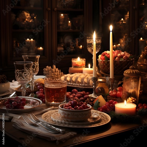 Beautiful decorated christmas table with candles. Selective focus.