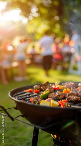 A black grill with meat and vegetables on it  people in the blur background having fun at an outdoor party on a sunny day