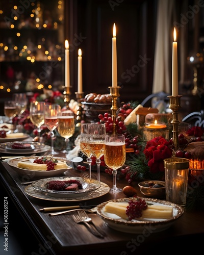 Festive table setting for Christmas and New Year dinner in a restaurant