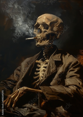 skeleton smoking cigarette chair professional profile old oil earthly demise age
