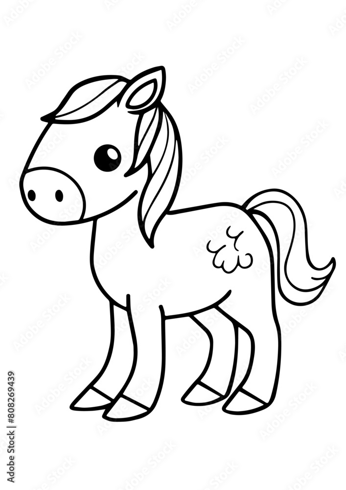 Fototapeta premium Sweet little pony illustrated in black and white against a white backdrop, perfect for kids' coloring books, preschool cartoons, and kindergarten materials. Suitable for toddler prints and stickers.