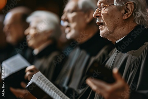 A group of elderly people singing in the choir, holding music sheets and wearing black robes in church hall photo