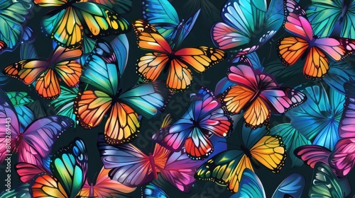 a vibrant rainbow of butterflies  each boasting unique colors and sizes  meticulously arranged to form an eye-catching pattern  evoking a sense of wonder and natural beauty. SEAMLESS PATTERN