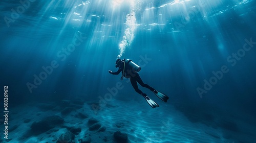  Title and Keywords: English Title:Drawn to the Deep: A Lone Diver Explores, Inspiring Ocean Conservation (Symbol of Human Fascination)