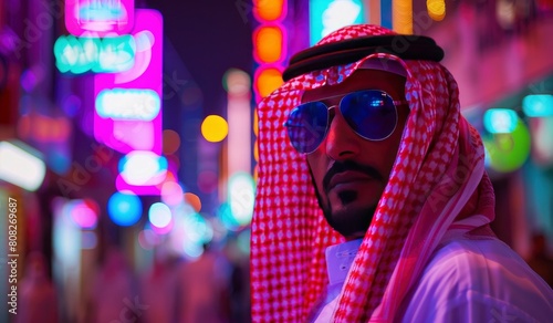 A Saudi man wearing sunglasses and thobe, with pink neon lights in the background