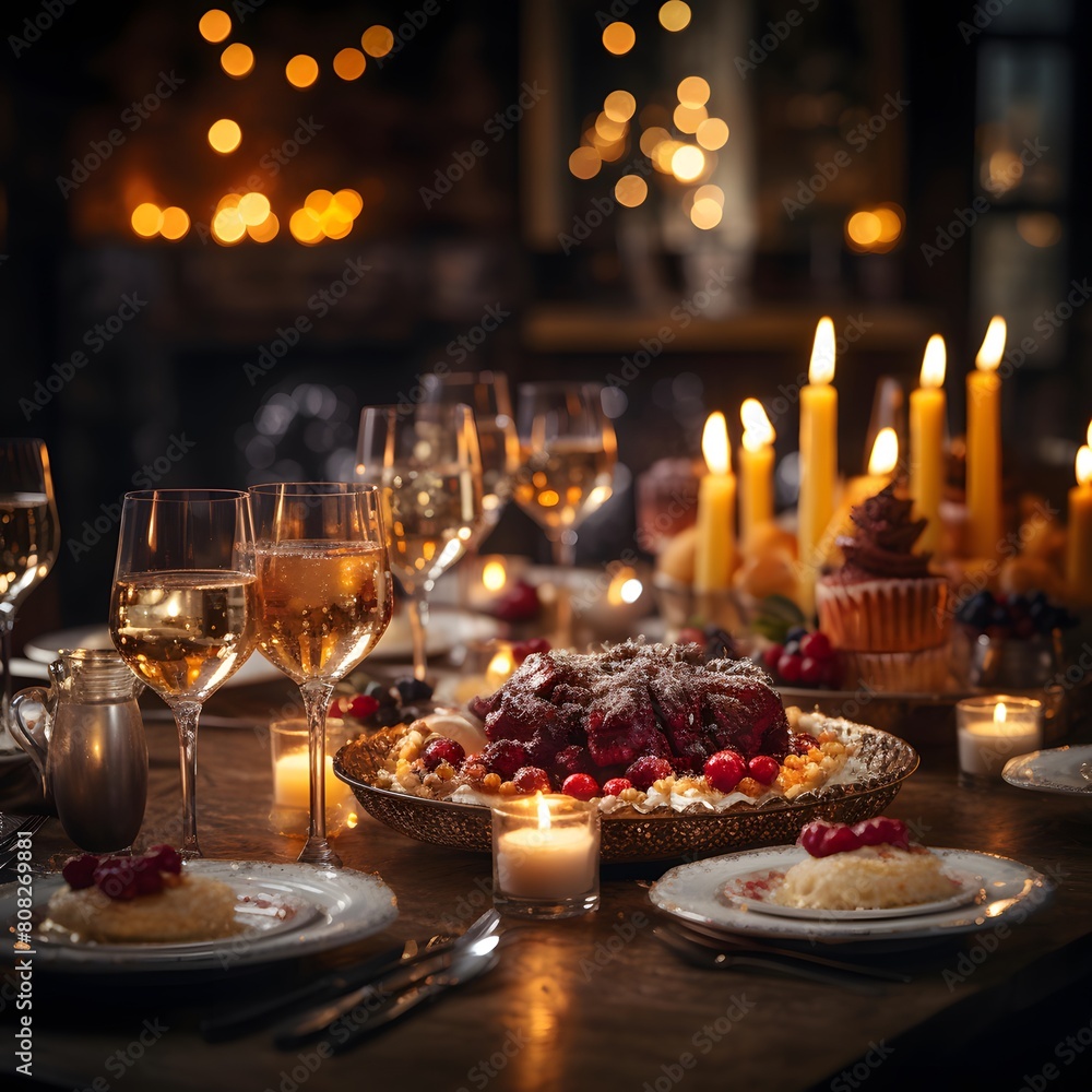 Table set for Christmas dinner in a restaurant with candles and glasses of wine