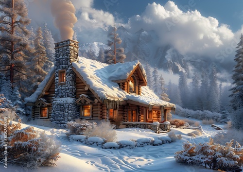 snowy cabin woods chimney panoramic imagery fires warm air smokey view flowery cottage photo