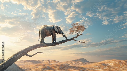 Elephant stands on thin branch of withered tree in surreal landscape.