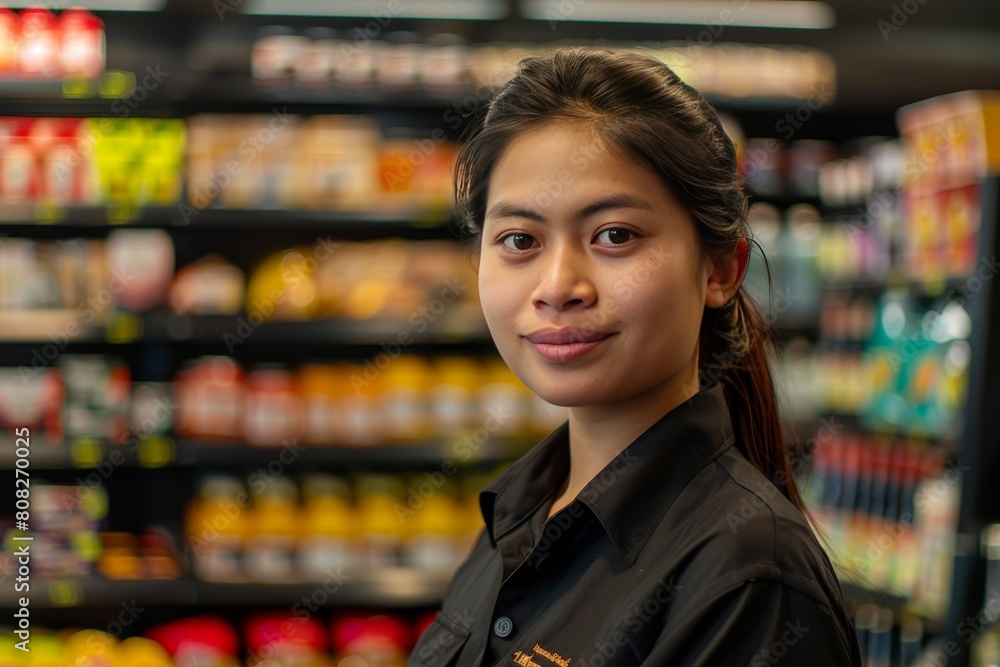 asian saleswoman employee in convenience store on bokeh style background