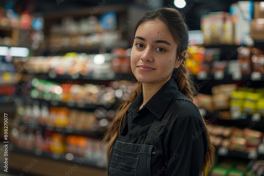 saleswoman employee in convenience store on bokeh style background
