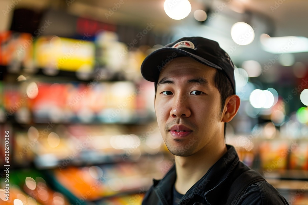 asian salesman employee in convenience store on bokeh style background asian salesman employee in convenience store on bokeh style background