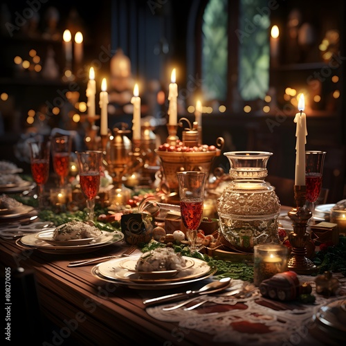 Elegant christmas table with candles and cutlery.