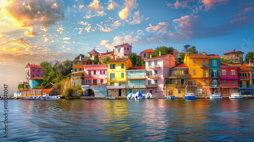 photo of An old  picturesque town with colorful houses by the sea 