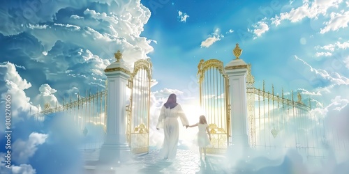 Jesus is holding the hand of his little girl and walking towards white gates with golden details in heaven with sky, clouds background photo