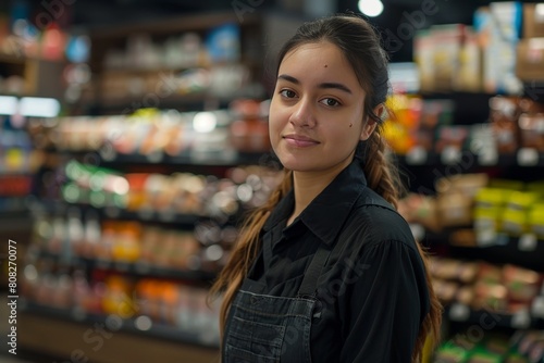 saleswoman employee in convenience store on bokeh style background