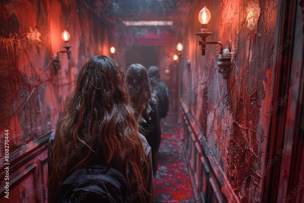 Venture into the unknown as travelers walk down a blood-red, cobweb-infested corridor, emitting a bone-chilling vibe