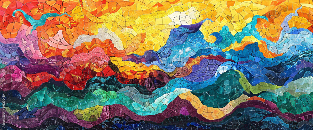 Waves of vibrant hues crash against each other, creating a dynamic mosaic of colors that pulsate with life and vitality, capturing the essence of pure energy.