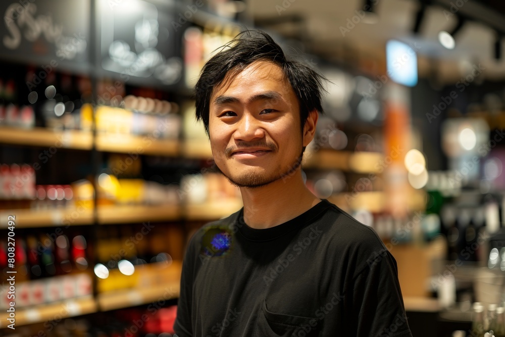 asian salesman employee in convenience store on bokeh style background asian salesman employee in convenience store on bokeh style background
