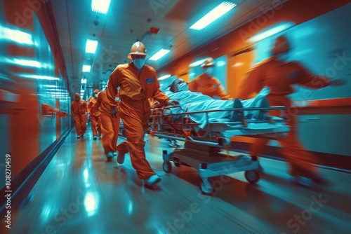 A high-stakes scene as medical professionals in orange suits urgently transport a patient along a modern hospital corridor photo