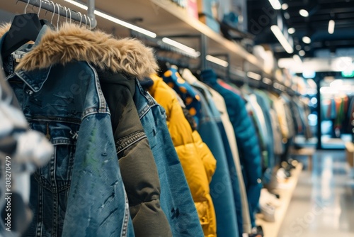 the rack of clothes in the store on bokeh style background