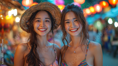 Portrait of two beautiful asian women wearing swimsuit and straw hat smiling and looking at camera in the night market
