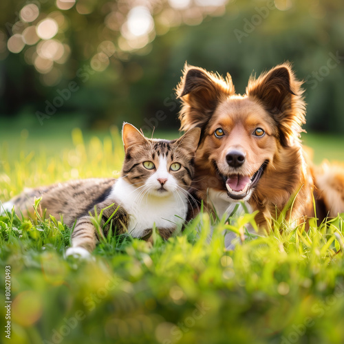 dog and cat posing together lying on the grass