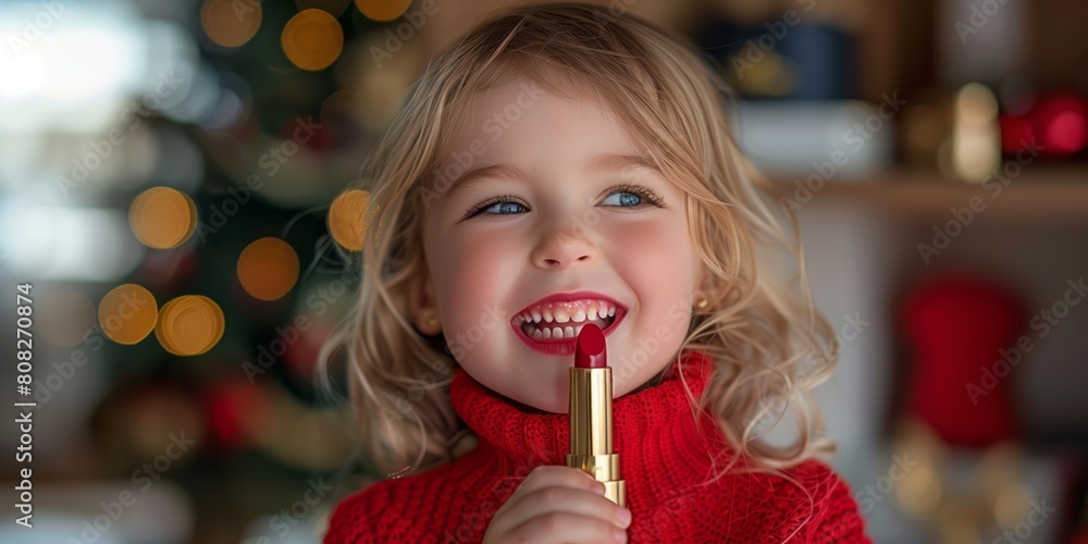 Φωτογραφία A little girl paints her lips with lipstick in front of the mirror and smiles baby make-up