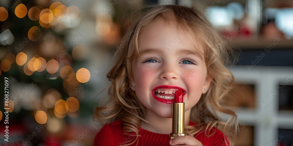 Little girl laughs and paints her lips with lipstick imitating adult women baby makeup Little girl laughs and paints her lips with lipstick imitating adult women baby makeup