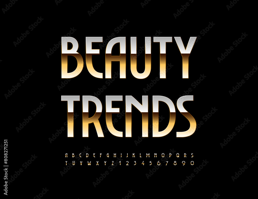 Vector stylish advertisement Beauty Trends. Elegant metallic Font. Gold Alphabet Letters and Numbers set Vector stylish advertisement Beauty Trends. Elegant metallic Font. Gold Alphabet Letters and Numbers set