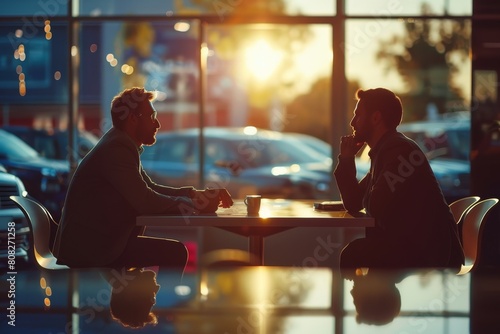 two man talking together on bokeh style background