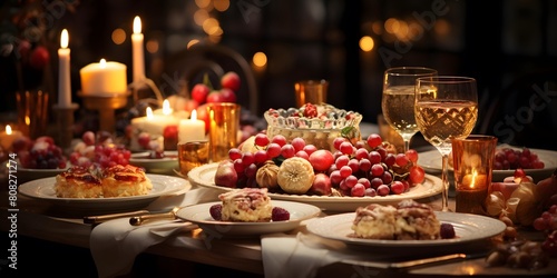 Christmas table setting with berries  cookies and candles. Selective focus.